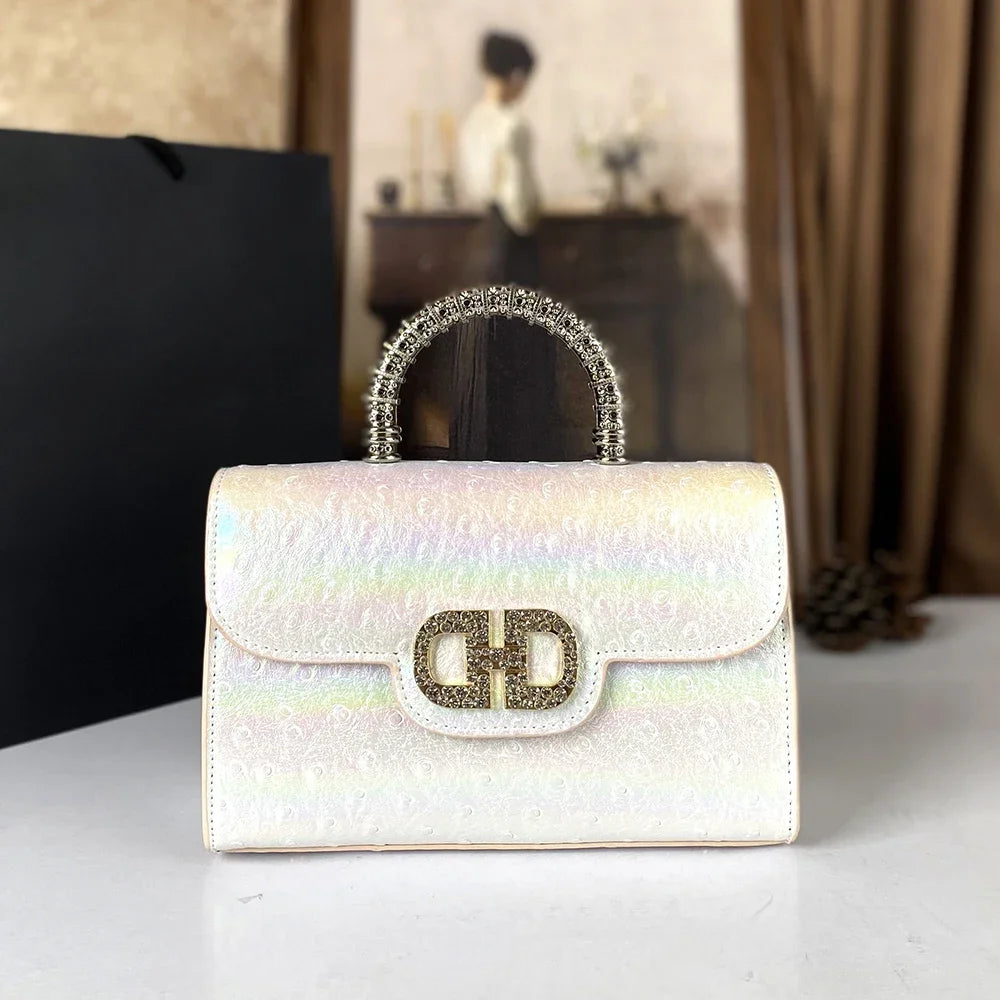 Advanced Ostrich Pattern Diamond Inlaid Women's Handbag New Fashionable High-End Shoulder Crossbody Bag