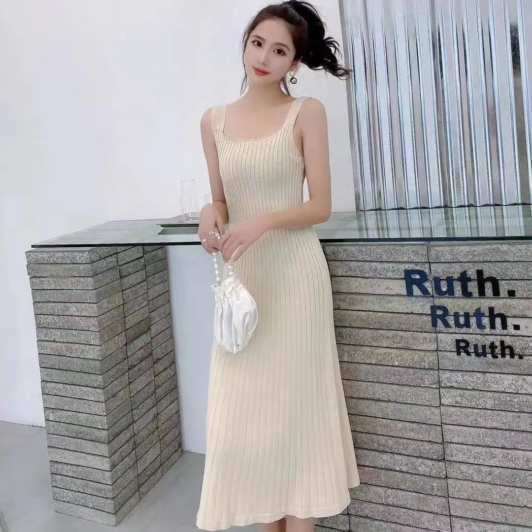 Women's Spring Autumn Long Split Sweater Sling Dress Two Piece Set Lady Graceful Black Knit Clothing Sleeveless Dresses Outfits