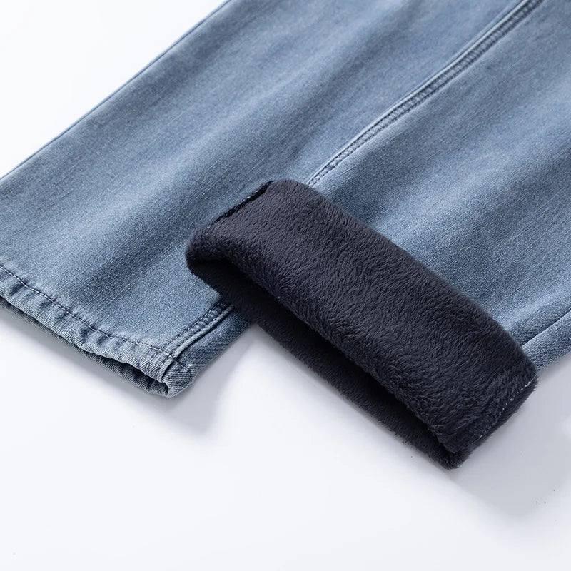 Men's Winter Fleece Thicken Lightweight Business Straight Leg Jeans Solid Color Versatile Slight Elastic Long Pants