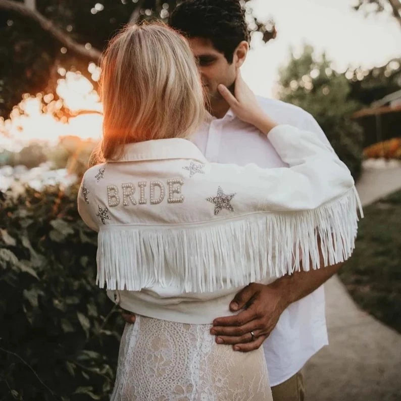 Custom Pearl & Rhinestone Bride Denim Jacket
