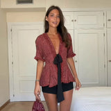 Vintage Fringed Fitted Shirts Women V Neck Short Sleeves Lace Up Ruffles Blouse Female 2026 Summer New Chic Fashion Tops Lady