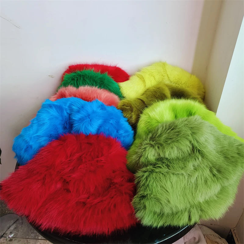 1pcs Winter Faux Fur Bucket Hat Warm Fluffy Plush colorful soft Winter hat Personality fur Fisherman Hats for women Plush hat겨