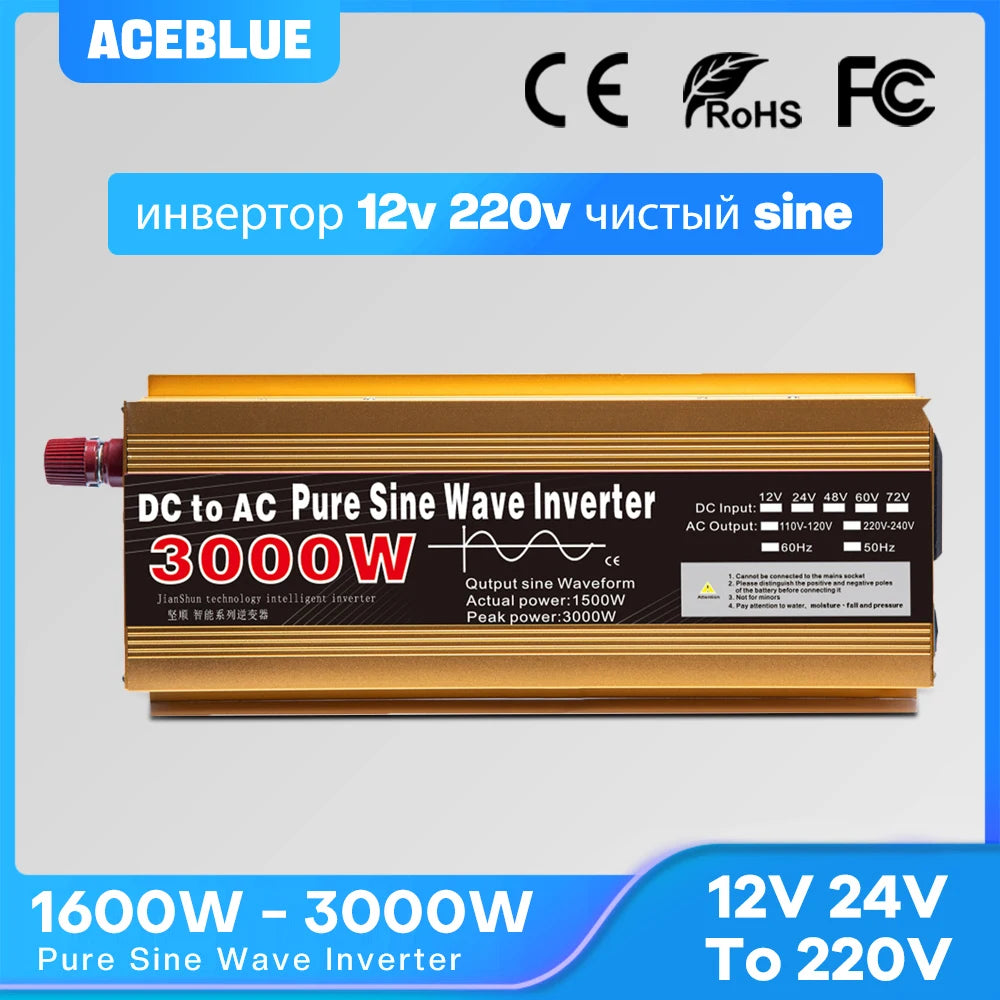 Pure Sine Wave Inverter 12V/24V to 220V | 1600W–3000W