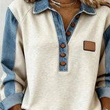 Spring Retro Contrast Color Women Sweatshirt Elegant Turn-down Collar Button Tops Pullover Autumn Long Sleeve Loose Top