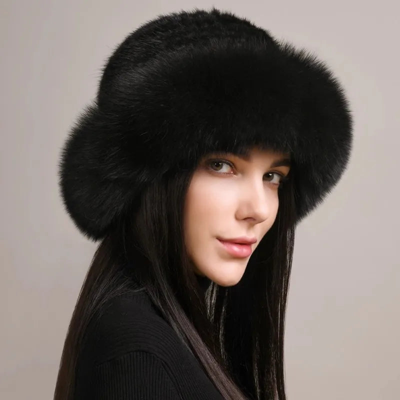 Genuine Knitted Mink Fur Hat with Fox Fur Brim