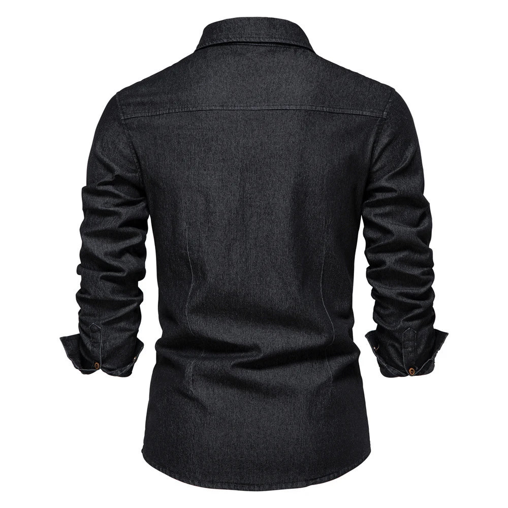 2025 Autumn Cotton Denim Shirts Men Casual Long Sleeve Quality Cowboy Shirt Solid Color Slim Fit Elastic Navy Blue Black Clothes