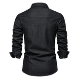 2025 Autumn Cotton Denim Shirts Men Casual Long Sleeve Quality Cowboy Shirt Solid Color Slim Fit Elastic Navy Blue Black Clothes