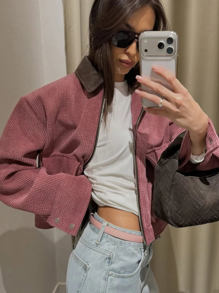 SLTNX Spring Pink Casual Jacket Women's Loose Fit Streetwear Front Zipper Pockets Lounge Wear Daily Outerwear