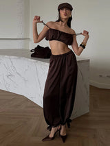 Women's Trousers 2 Pcs Suits Pleated Spaghetti Strap Cropped Tube Tops Elastic Waist Lace Up Pants Charming Ladies Partywear New