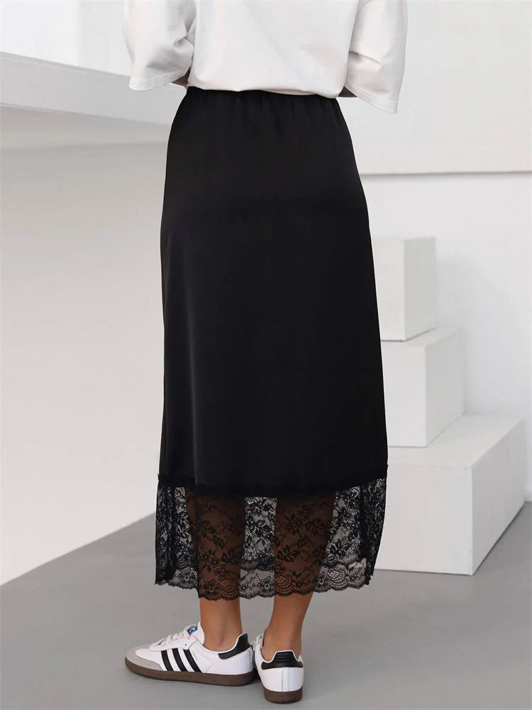 Elegant High-Waist Lace Midi Skirt