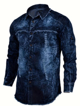 Men's denim shirt for autumn, American retro long-sleeved, washed dark blue, blue denim shirt with double pockets, workwear styl