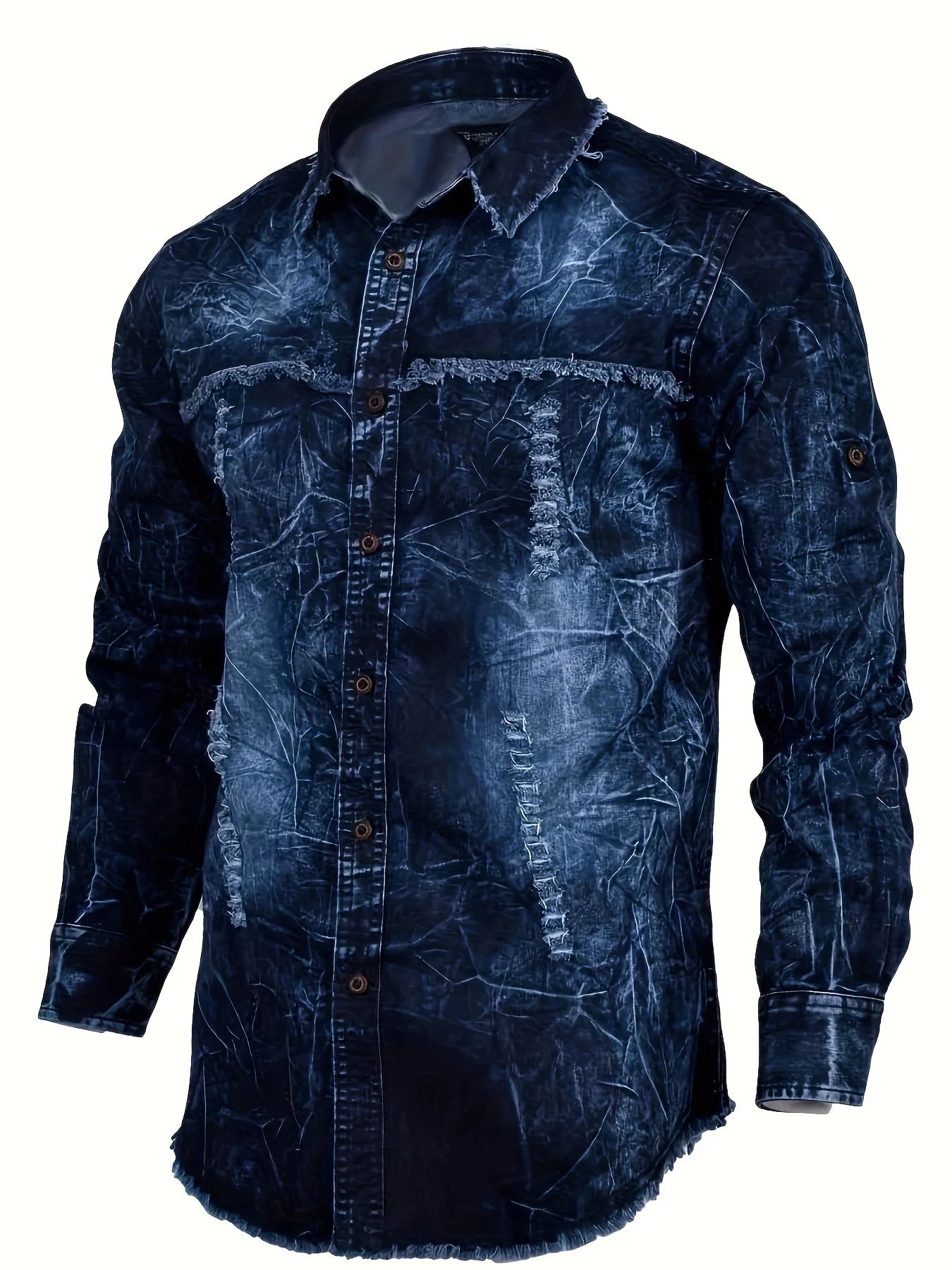 Men's denim shirt for autumn, American retro long-sleeved, washed dark blue, blue denim shirt with double pockets, workwear styl