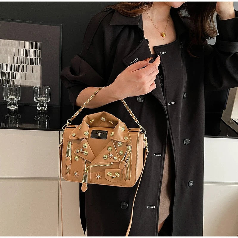 Jacket Collar Shaped Crossbody Shoulder Bag,Women Metal Flower Studded Handbag ,Niche Designer Streetwear Fashion Rivet Tote Bag