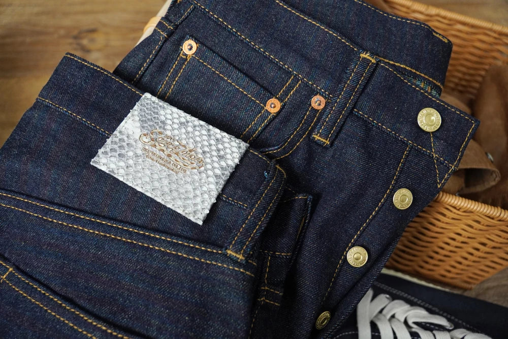 SAUCE ZHAN Mens Jeans Rainbow Sanforized Selvedge Denim Jeans Man Python Skin Labels Regular Fit 14 Oz