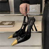 Women's High-heeled Sandals Summer New Metal square Head Patent Leather Black Stiletto Pumps Sexy Party SlingBack Shoes