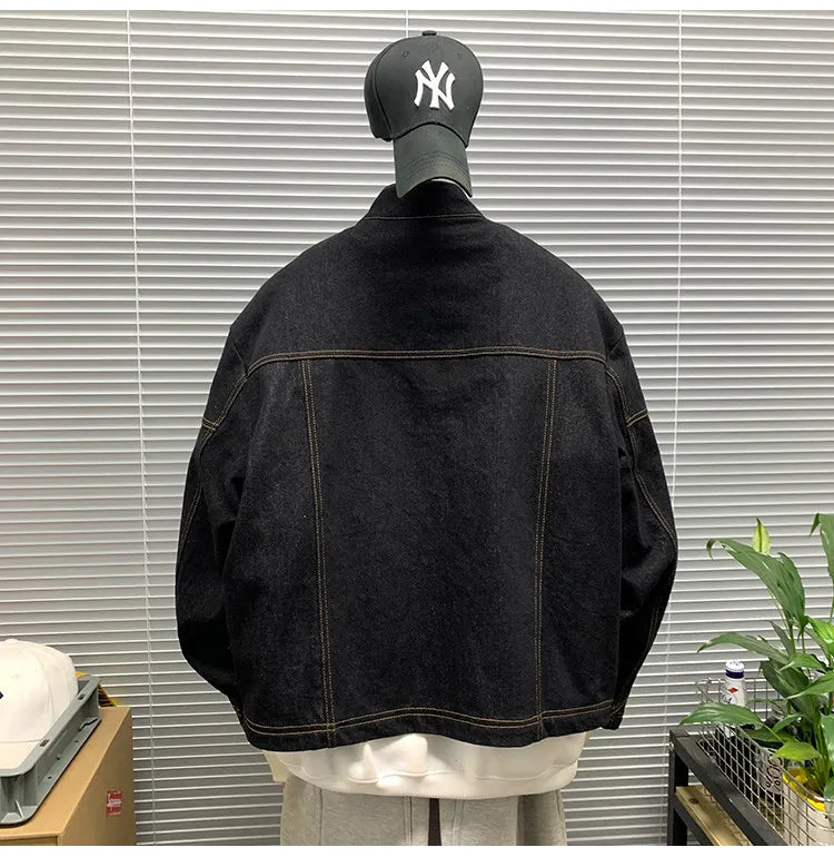 American Vintage Denim Jacket Men Stand Collar Cotton Spring Metal Button Splicing Regular Fit Streetwear Trendy Casual Outwear