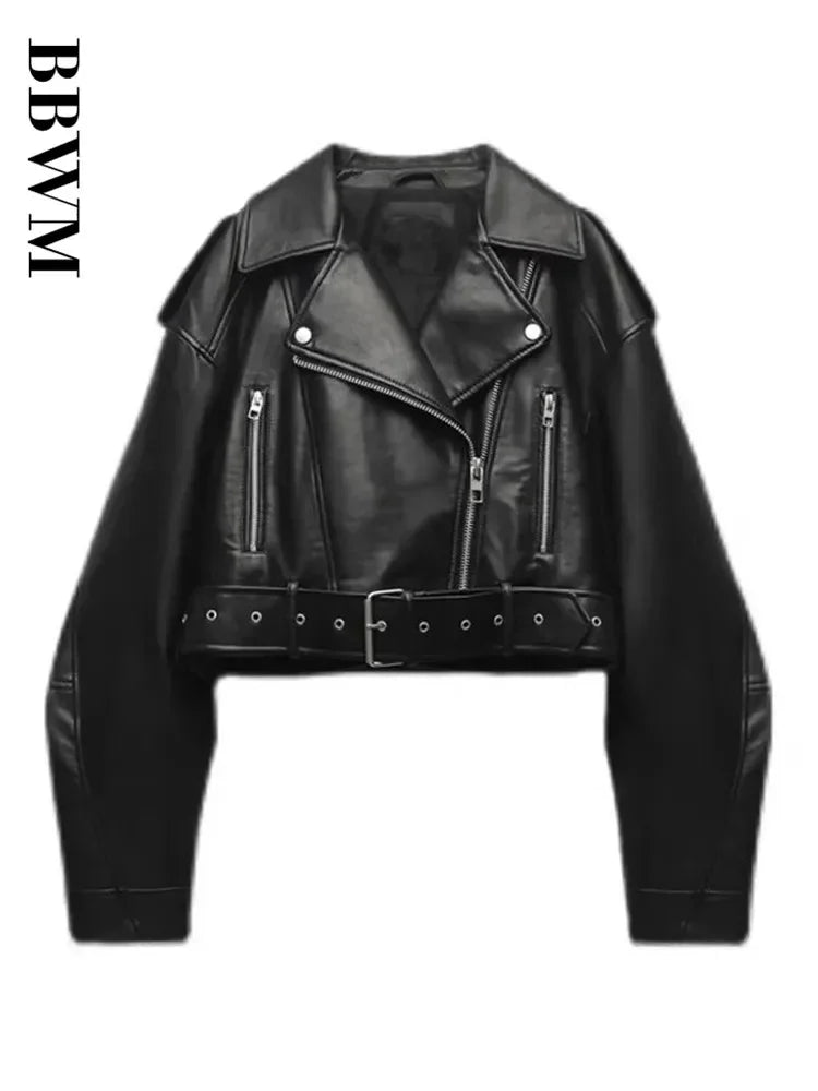 Women's Faux Leather Belted Moto Jacket