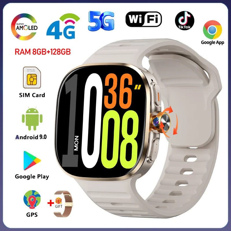 8GB+128GB RAM 4G/3G Smart Watch 2.40 inch AMOLED 2100mah Battery 900W Camera GPS WIFI Google APPS Download Smartwatch Android 10