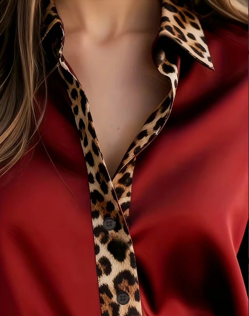 Women's Long-Sleeve Leopard Trim Loose-Fit Button-Down Blouse
