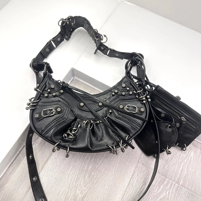  ﻿ 2026 New Women's Fashion Shoulder Bag European Vintage Style Cropped Studded Motorcycle Bag Soft Material Crossbody Design