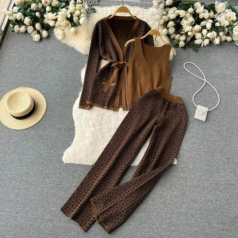 3-Piece Women’s Knitted Set: V-Neck Belted Cardigan & High-Waist Wide-Leg Pants