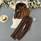 3-Piece Women’s Knitted Set: V-Neck Belted Cardigan & High-Waist Wide-Leg Pants