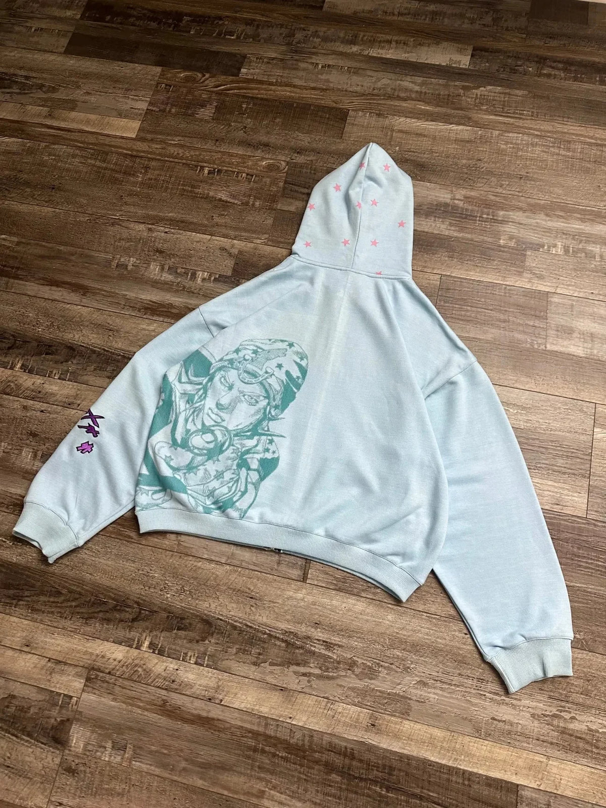 Women Shahzad Clothing Joestar Style Zip Hoodies Men JoJo Light Blue Star Tusk Print Oversized Embroidery Couple Sweatshirt Tops