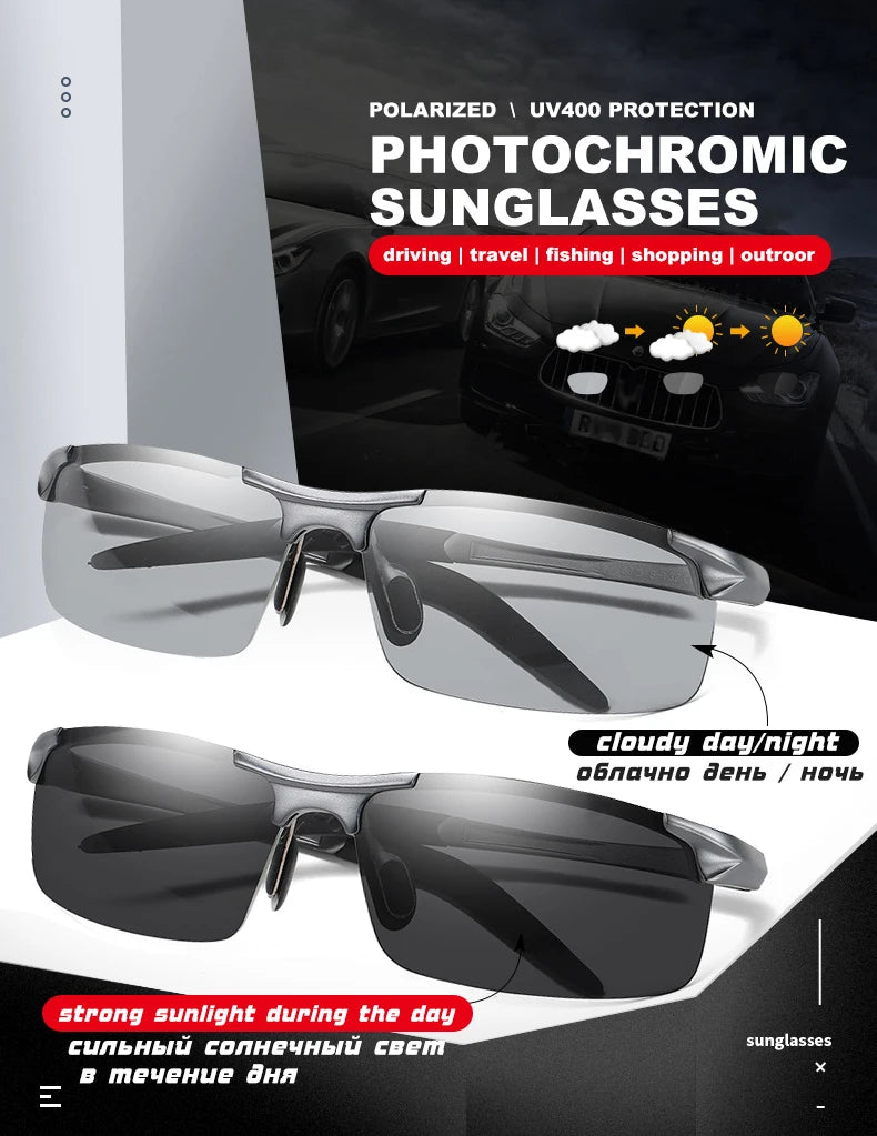 SZTZX Aluminium Rimless Outdoor Sport Photochromic Sunglasses Men Polarized  Anti-UV Driving Fishing Glasses Cycling Goggle