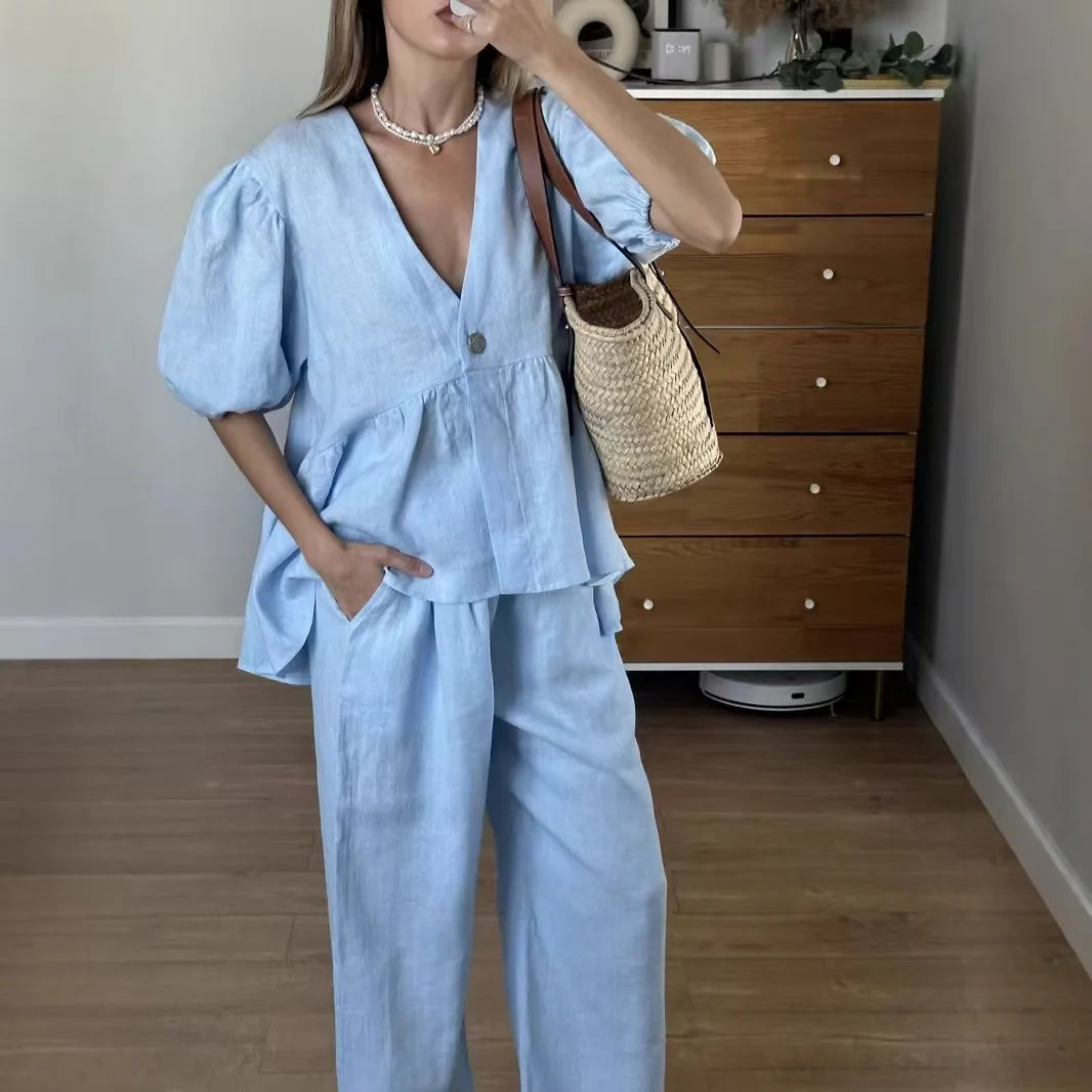 2025 New Women Solid Color V-Neck Bubble Short-Sleeved Trousers Suit Summer Women Short T-Shirt Top + Long Pants Two Peice Sets