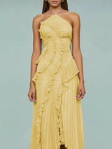 Elegant Lotus Edge Halter Maxi Dress