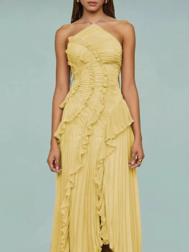 Elegant Lotus Edge Halter Maxi Dress