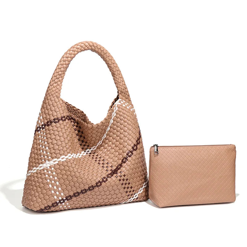 2025 Women Bag Luxury PU Leather Handbag Lady Fashion Handmade Knitting Tote Female Hand-woven Basket Shoulder Bag with Purse