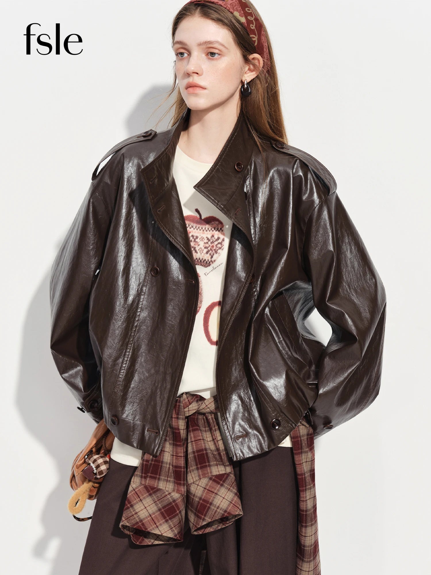 FSLE【Premium Series】Women's Oversize Short Trench Coat Brown Faux Leather Belted Jacket Grey Windbreaker Y2K Retro Outerwear