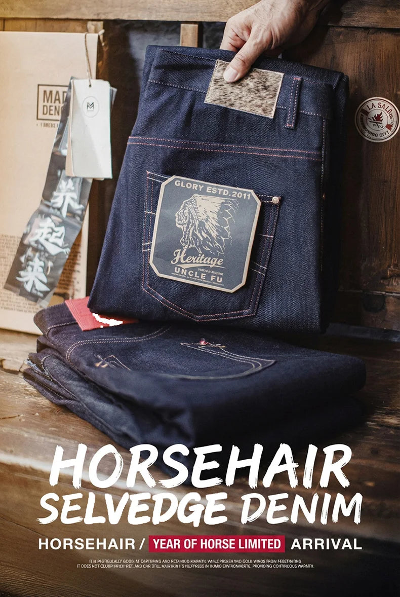 Maden Men's Vintage Selvedge Raw Denim Jeans with Horse Hair Leather Patch 100% Cotton Straight Trousers for Spring Fall Pants