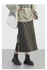 CHIC VEN Women Long Skirt Casual New Sweet Cool Style High Waist Slit Plaid Half Skirt Straight Tube Skirts Spring Autumn 2024