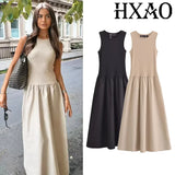 Khaki & Black Elegant Patchwork Maxi Dress – 2025 Spring Y2K Sleeveless