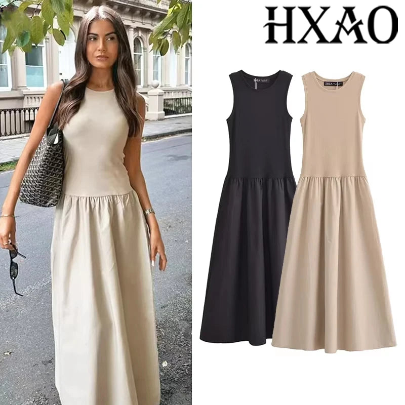 Khaki & Black Elegant Patchwork Maxi Dress – 2025 Spring Y2K Sleeveless