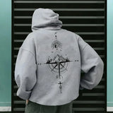 Vintage Compass Print Hoodies for Men High Quality Hooded Long Sleeve Pullover All Season Daily Casual Sports Tops Men's Clothes