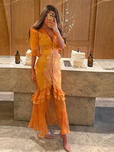 Print Chiffon Long Dress Women V Neck Half Sleeves High Waist Ruffles Belts Split Robe Female 2026 Summer Chic Vacation Dresses