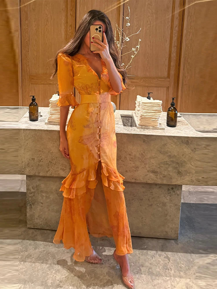 Print Chiffon Long Dress Women V Neck Half Sleeves High Waist Ruffles Belts Split Robe Female 2026 Summer Chic Vacation Dresses