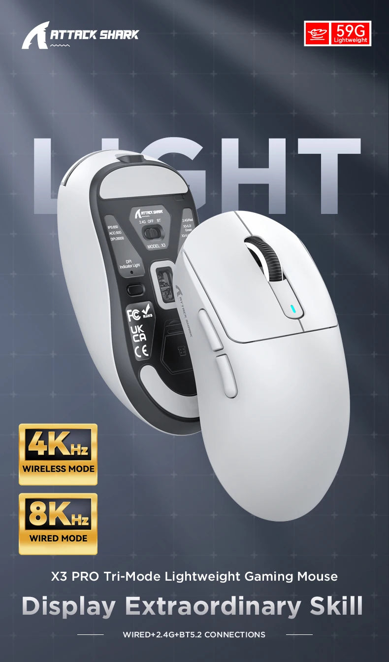 ATTACK SHARK X3/X3Pro Wireless Gaming Mouse PAW3395 26K DPI Tri-Mode Bluetooth Wired Ultra Lightweight High Quality Mouse