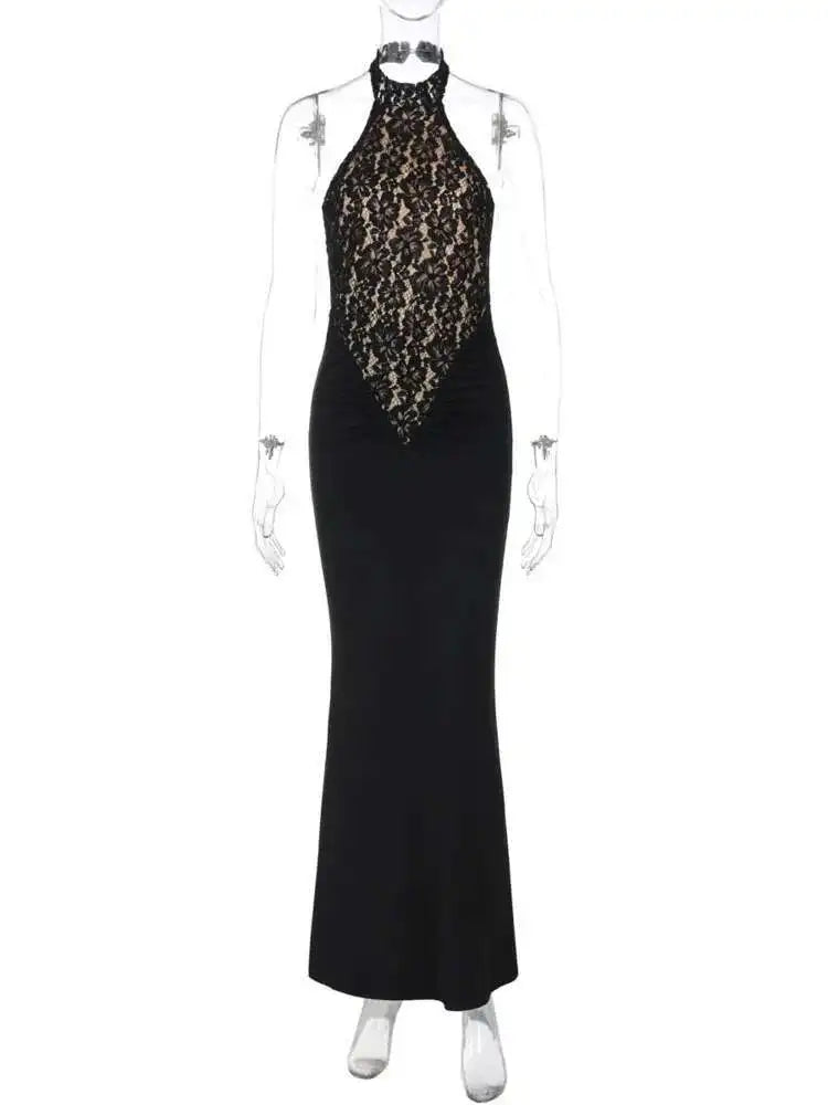 Lace Halter Backless Maxi Dress - Off-Shoulder Bodycon Party Gown