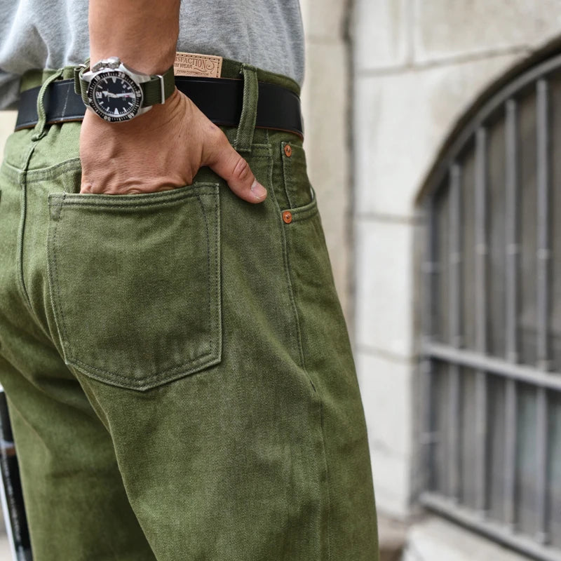 Saucezhan Men Jeans Vulcanization Olive Green 107 Selvedge Denim Jeans Men washed  Slim Fit 14 Oz  Zipper Fly