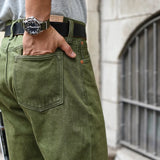 Saucezhan Men Jeans Vulcanization Olive Green 107 Selvedge Denim Jeans Men washed  Slim Fit 14 Oz  Zipper Fly