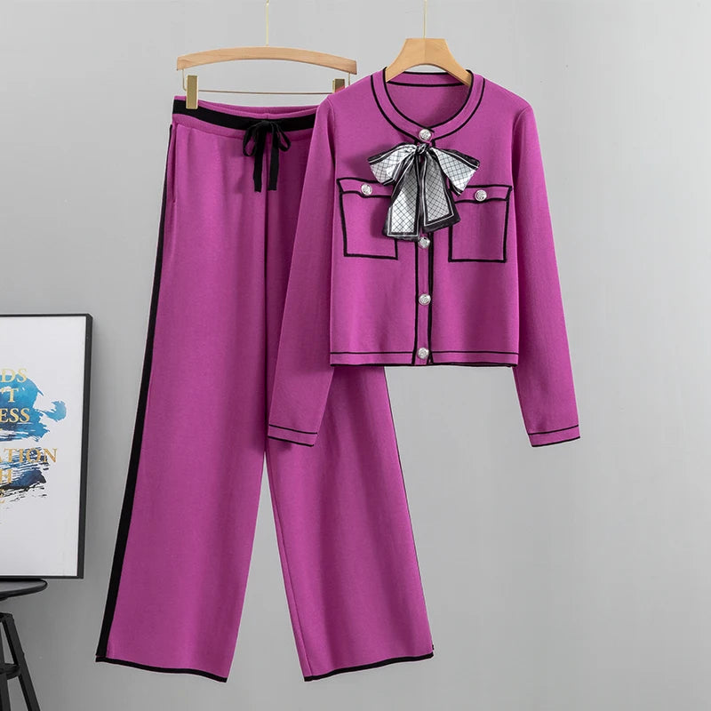 Autumn Women’s Elegant 2-Piece Pleated Set – Knit Bowknot Top & Wide Leg Pants