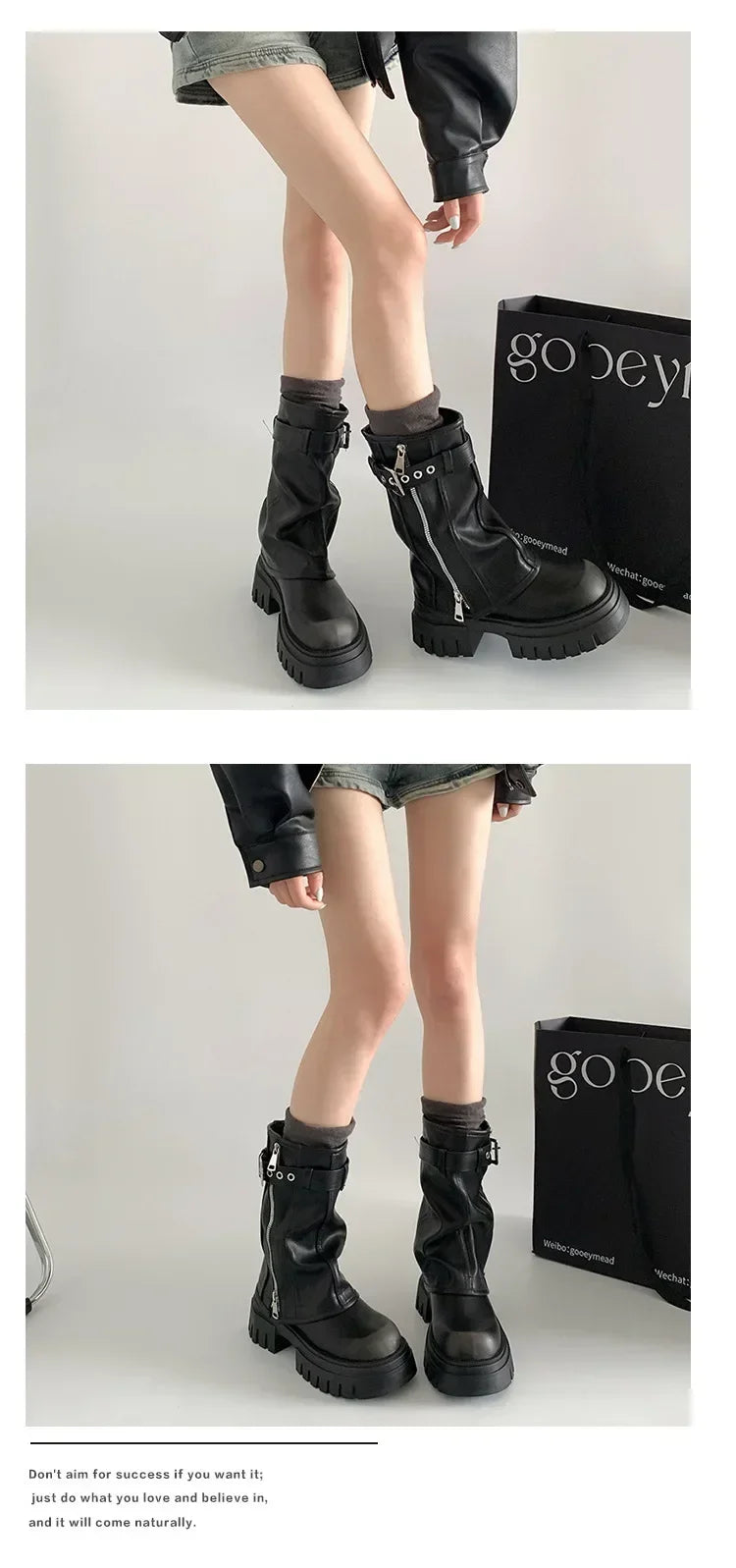 Women's Biker Boots – Belt Buckle Platform Mid-Calf