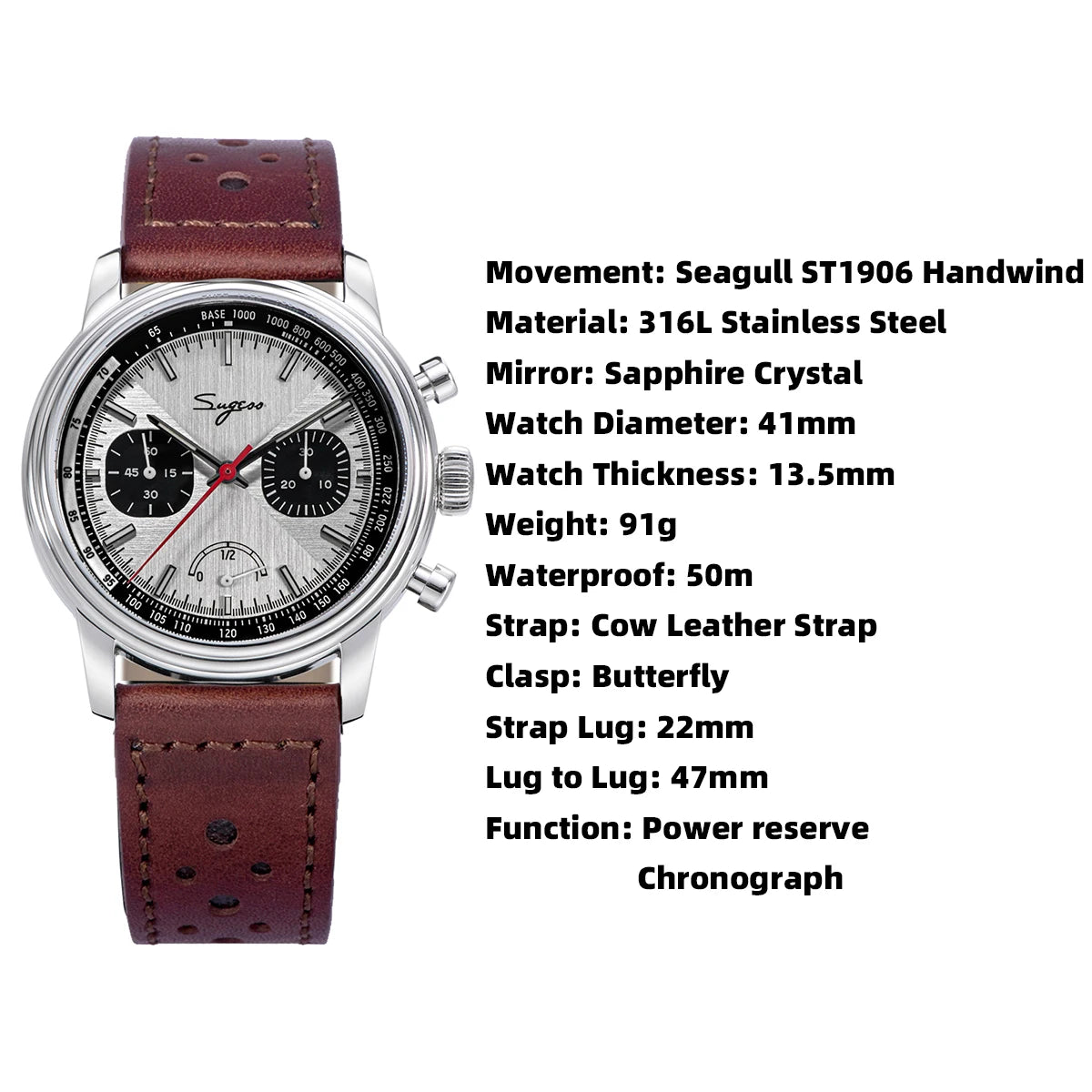 Sugess Pilot Watch Men ST1906 Movement Handwind Chronograph Wristwatches Sapphire Waterproof Hand Wind PowerReserve Luminous V2