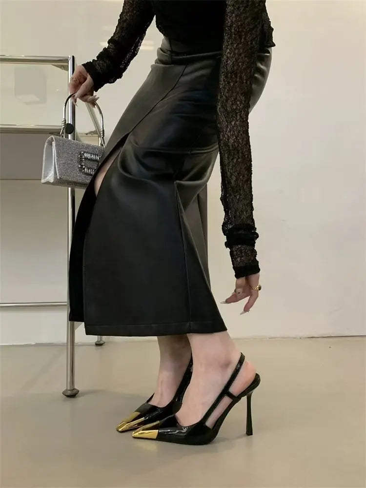 Women's High-heeled Sandals Summer New Metal square Head Patent Leather Black Stiletto Pumps Sexy Party SlingBack Shoes