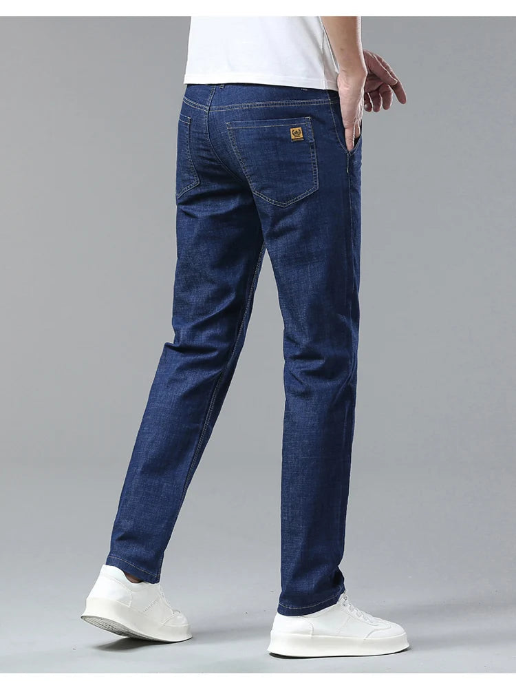 Light Blue Classic Business Casual Cotton Pants Fashion Breathable Denim Elastic Trousers Brand Men's Clothing Straight Jeans