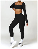 2-Piece Women's High-Waist Yoga Set – Seamless Long Sleeve Workout Suit